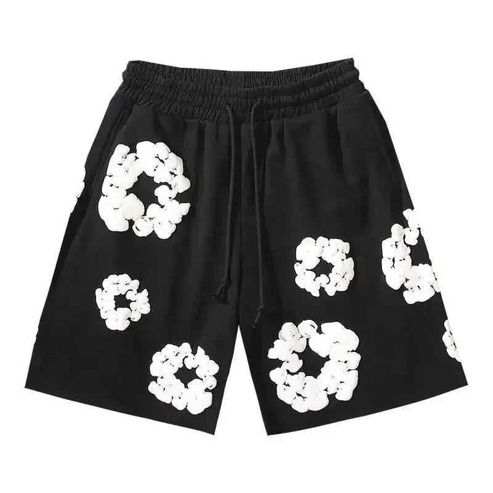 Mens floral print summer shorts close up fabric detail