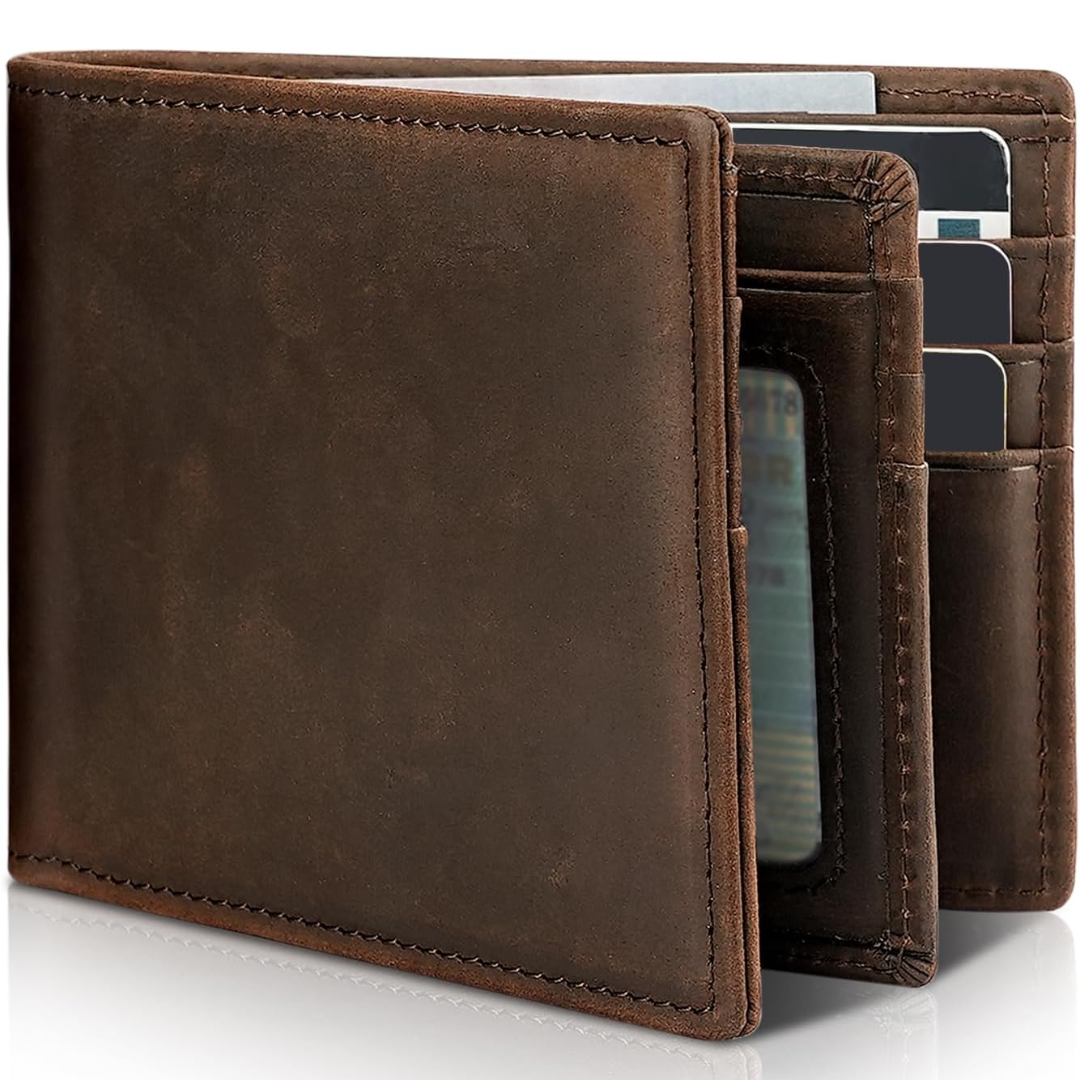 Men's bifold wallet in brown open to show card slots and ID window