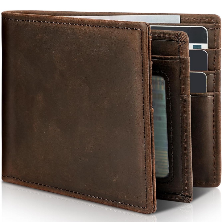 Men's bifold wallet in brown open to show card slots and ID window