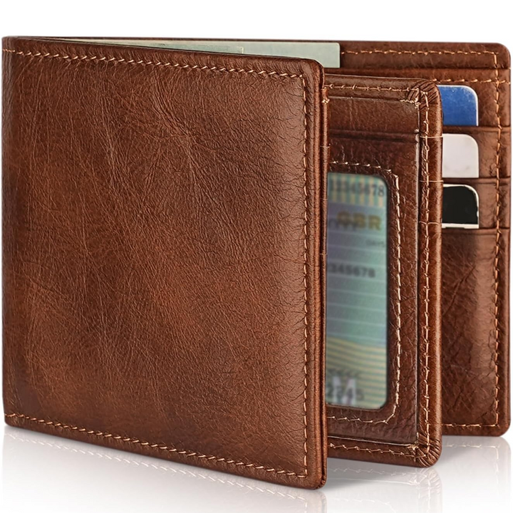 Mens accessory bifold wallet angled view highlighting slim profile