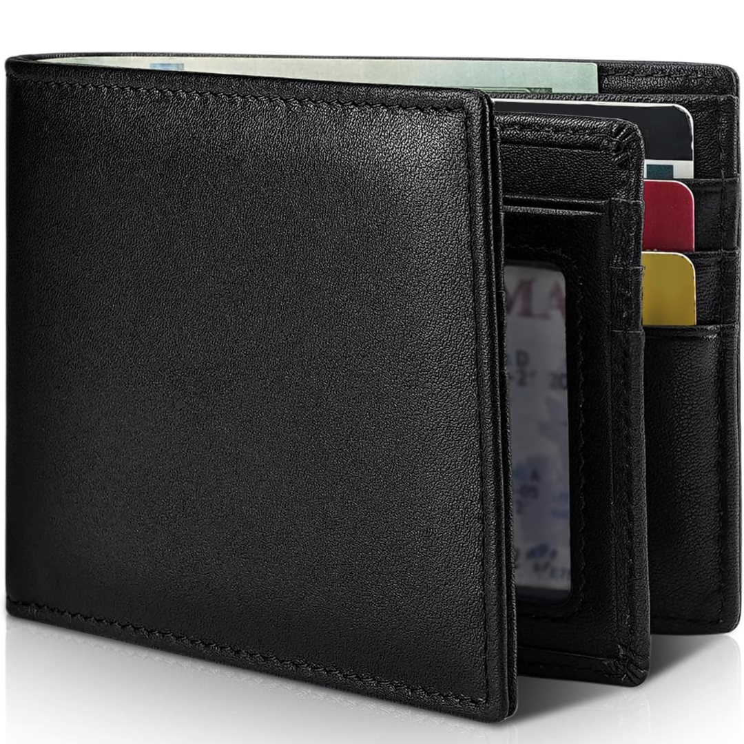 Top view of mens bifold wallet showing cash compartment and slim design