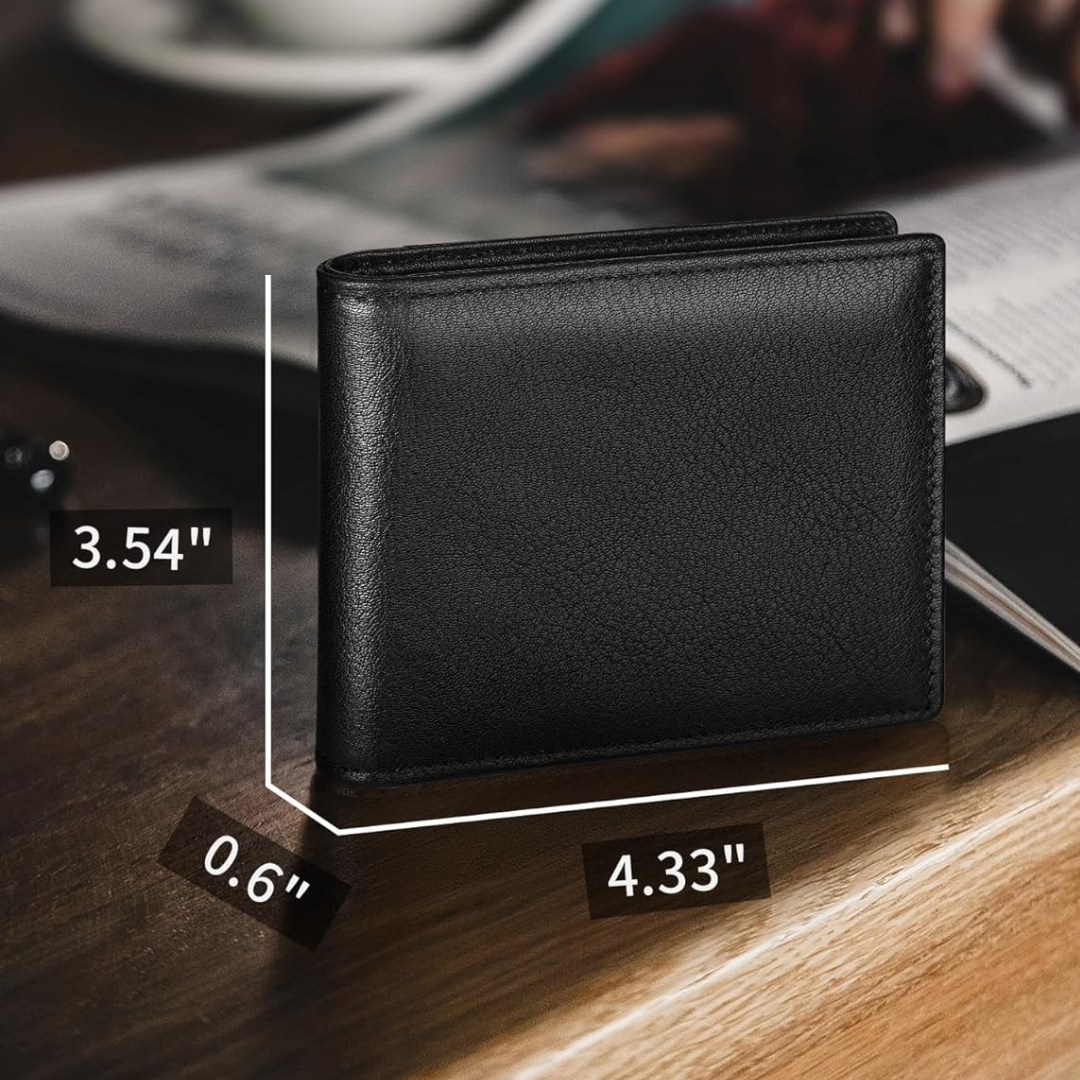Brown leather slim wallet displaying multiple credit card slots
