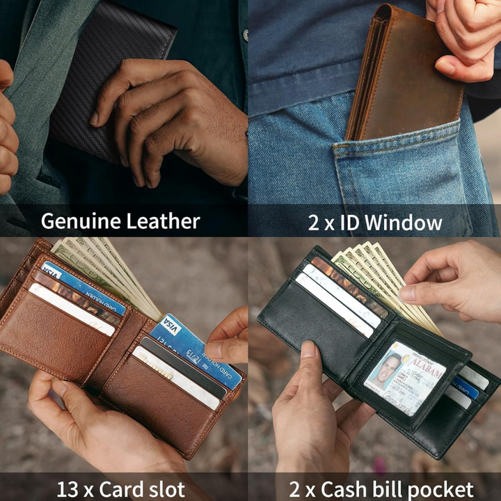 Mens leather bifold wallet with RFID blocking technology open flat