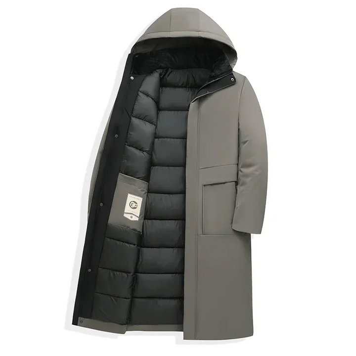 Mens grey long winter coat with hood, thermal outerwear for men