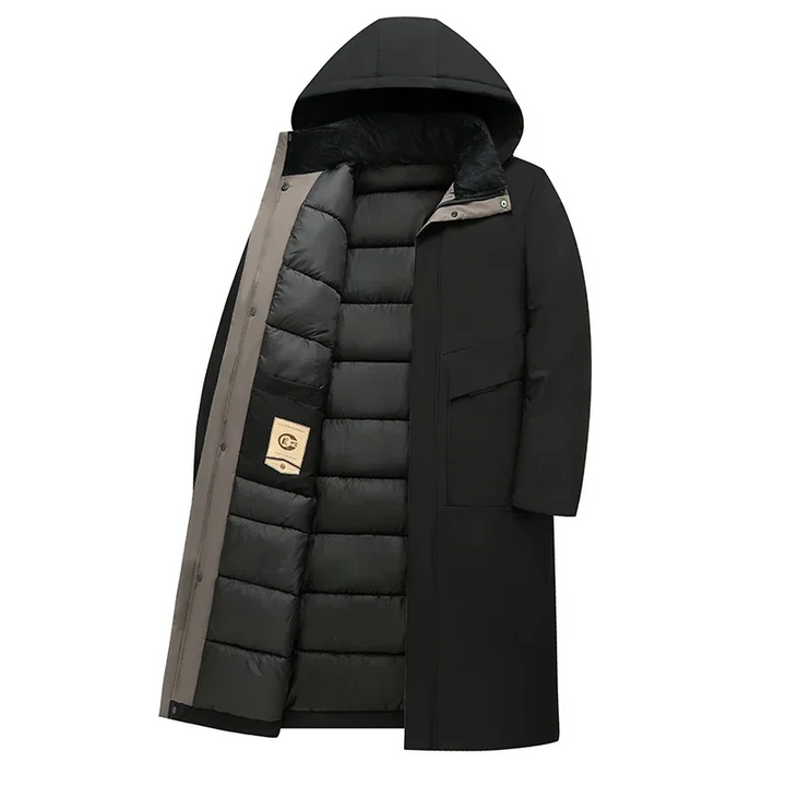 Red mens fashion winter coat featuring a cozy hood and long fit