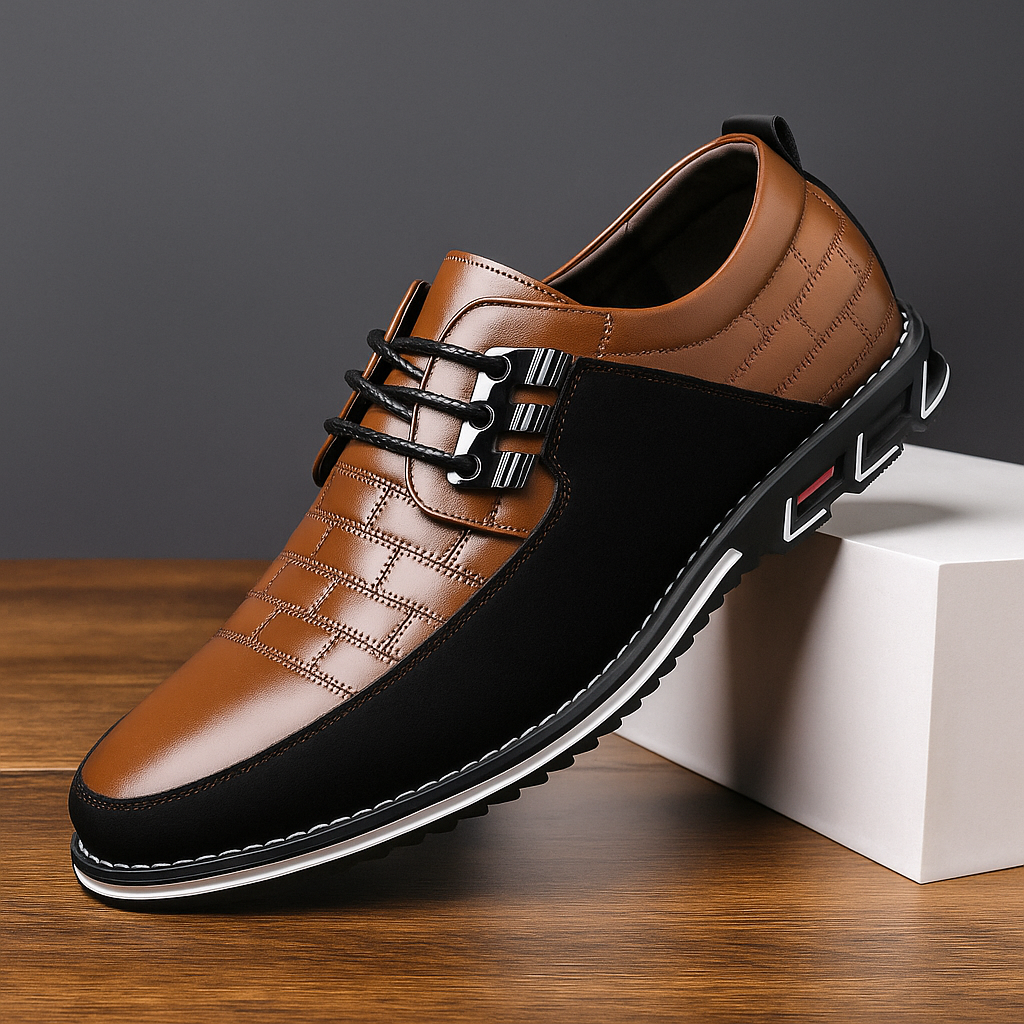 Brown Walnut men's hybrid oxford shoe displayed on a white block against a dark background