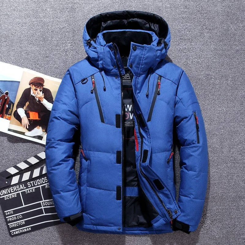 Blue men's insulated winter parka with hood and multiple zippered pockets