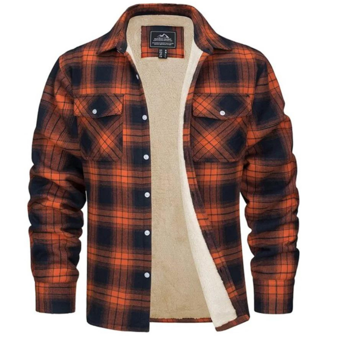 Men's orange and black plaid jacket with plush lining