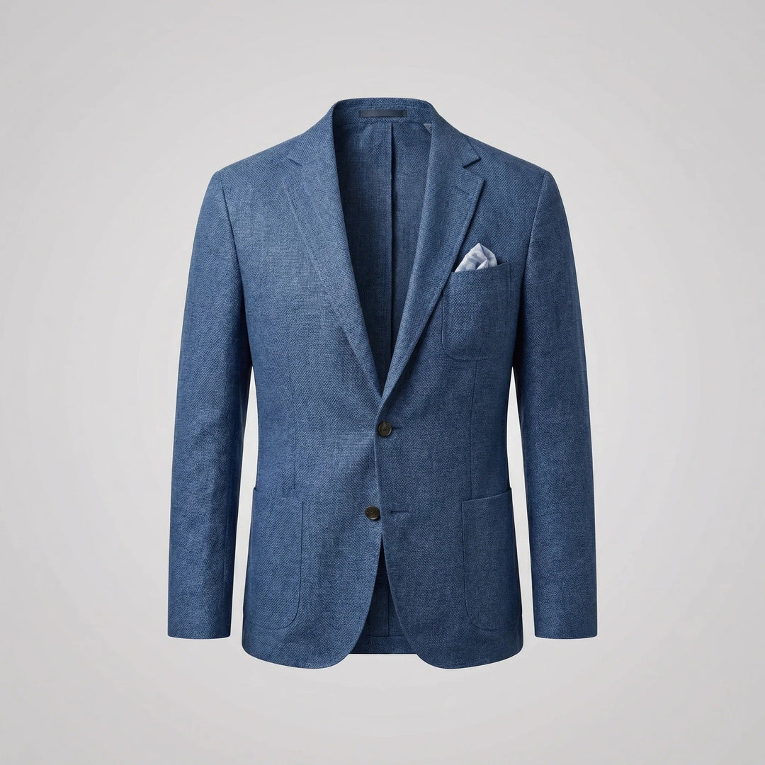 Blue men's blazer jacket displayed on a neutral background