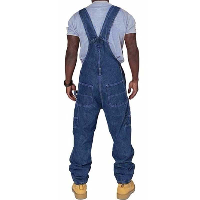 Mens relaxed fit denim dungarees showing utility pockets and back view for workwear