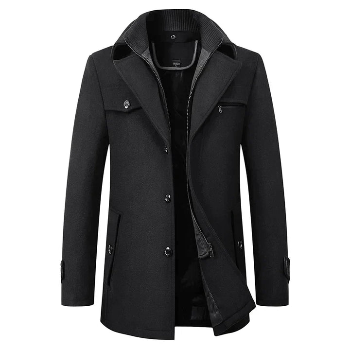 Men's Black Mid-Length Pea Coat front view