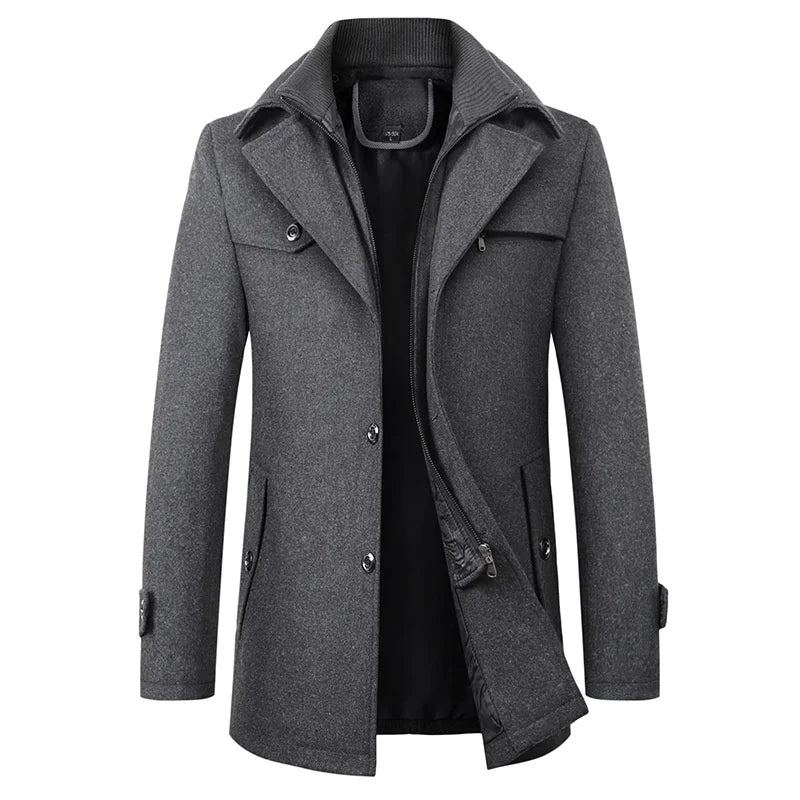 Men's Grey Mid-Length Pea Coat front view
