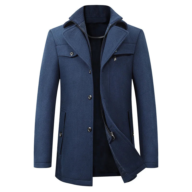 Men's Navy Mid-Length Pea Coat front view