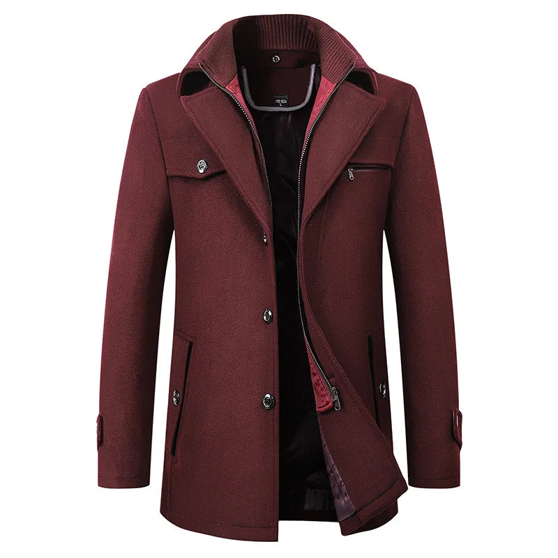 Classic men's mid-length pea coat in dark wool, stylish winter outerwear jacket