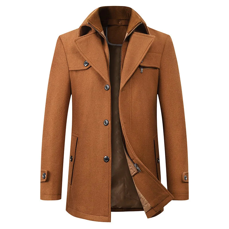 Close-up of men's winter coat featuring double-breasted buttons and lapel collar
