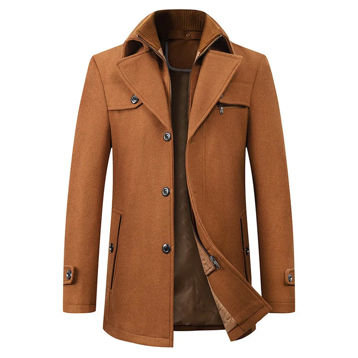 Close-up of men's winter coat featuring double-breasted buttons and lapel collar