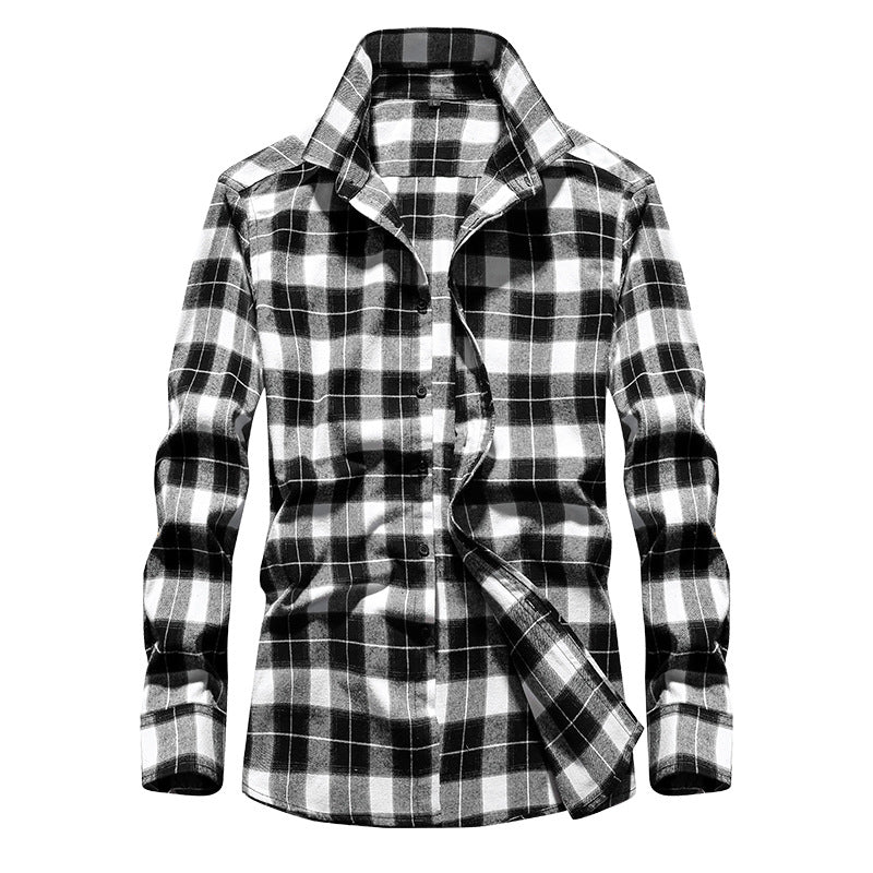 Men's black and white checked flannel shirt with long sleeves