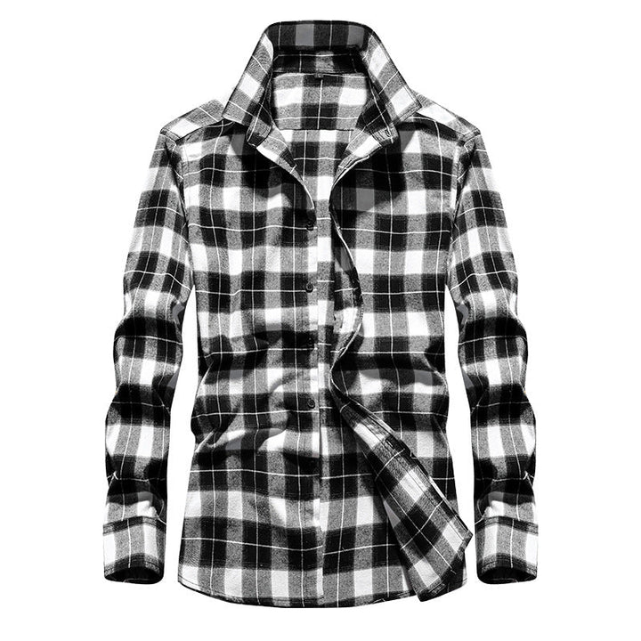 Men's black and white checked flannel shirt with long sleeves