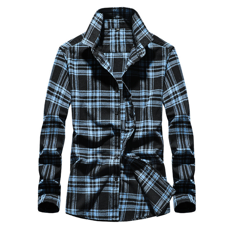 Men's blue and black checked flannel shirt featuring a Kent collar