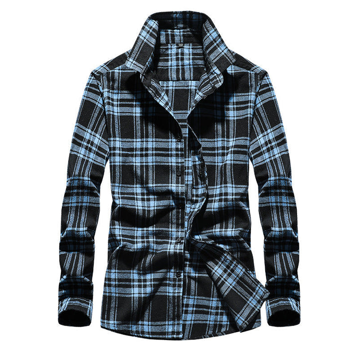 Men's blue and black checked flannel shirt featuring a Kent collar