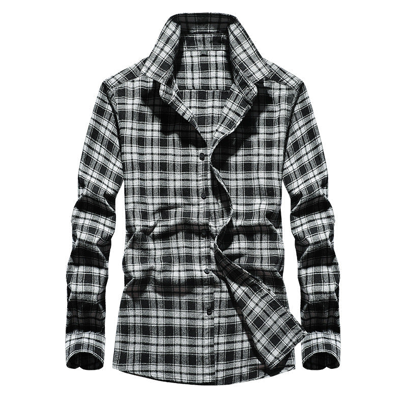 Men's grey and black checked button-down flannel shirt