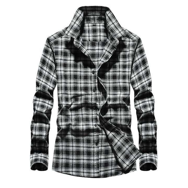 Men's grey and black checked button-down flannel shirt
