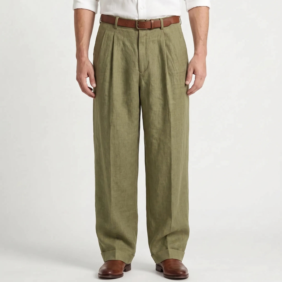 Mens pleated straight-leg trousers showing tailored front crease and waistband