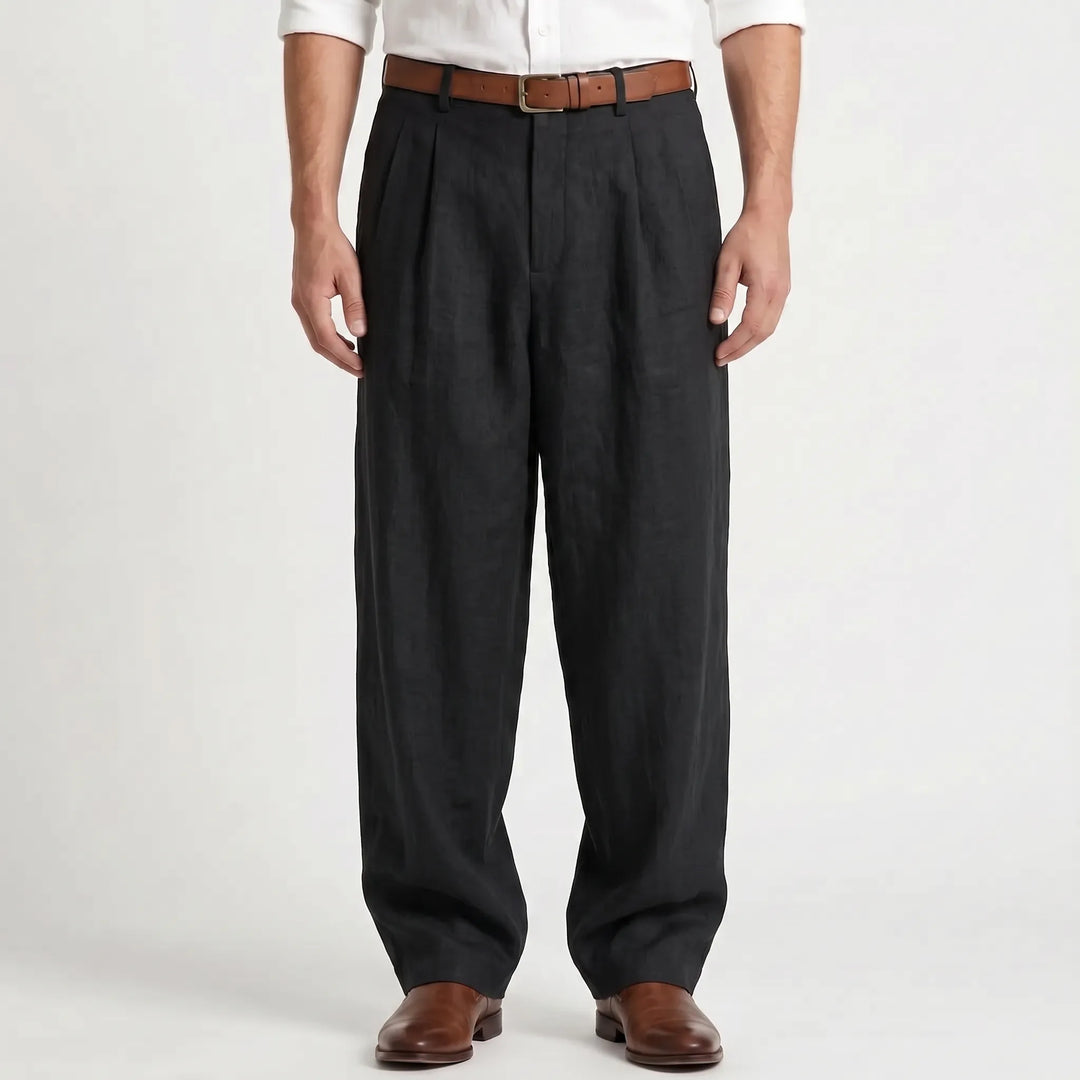 Close-up view of lightweight fabric and pleat detail on summer trousers