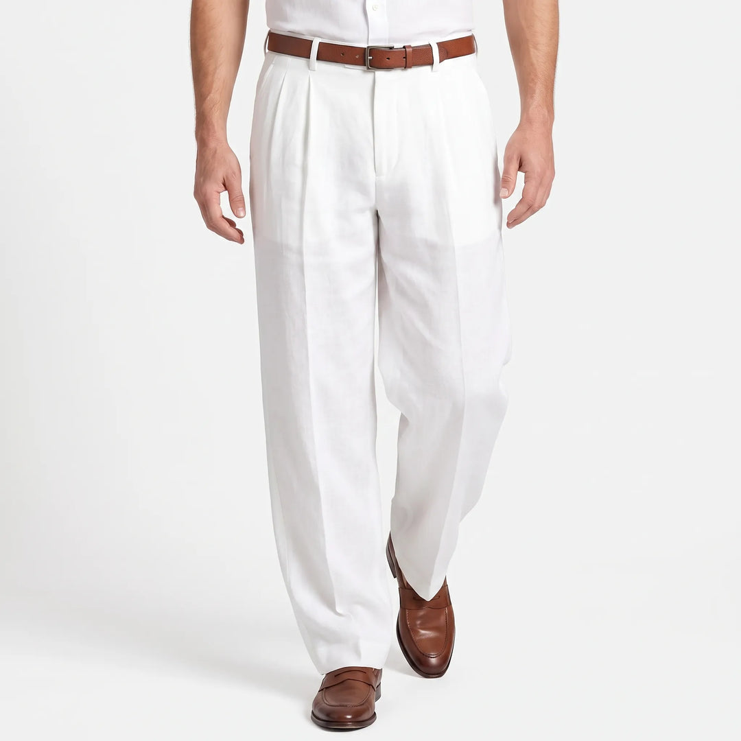 Back view of mens pleated straight-leg trousers featuring pocket detail