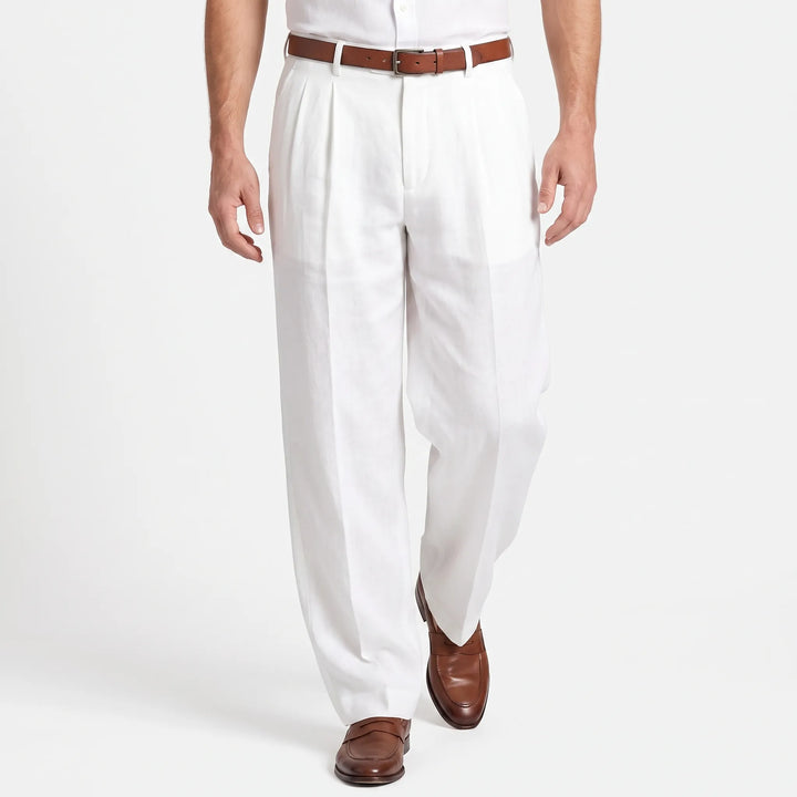 Back view of mens pleated straight-leg trousers featuring pocket detail