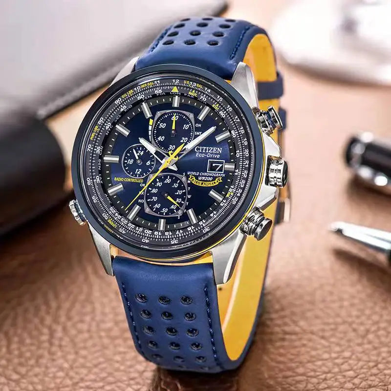 Men's premium quartz wristwatch in blue with perforated strap