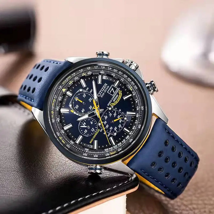 Mens premium quartz wristwatch in classic black featuring a sleek dial and leather strap