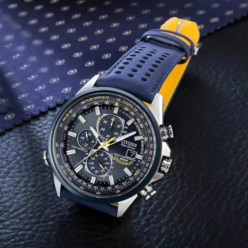 Mens fashion quartz wristwatch showcasing a vibrant blue dial and stainless steel bezel