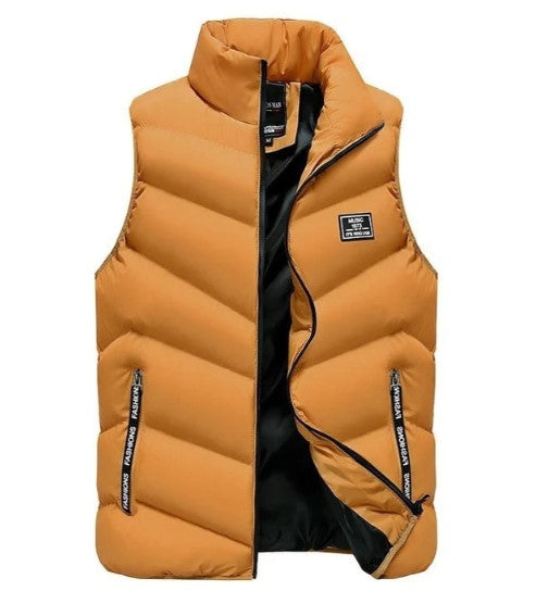 Mustard yellow men's puffer vest jacket with zippered pockets