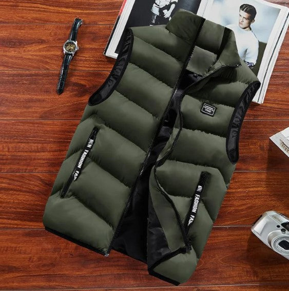 Close-up of durable fabric and stitching on mens casual puffer vest