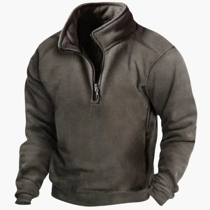Men's dark gray quarter-zip fleece pullover jacket displayed on white background