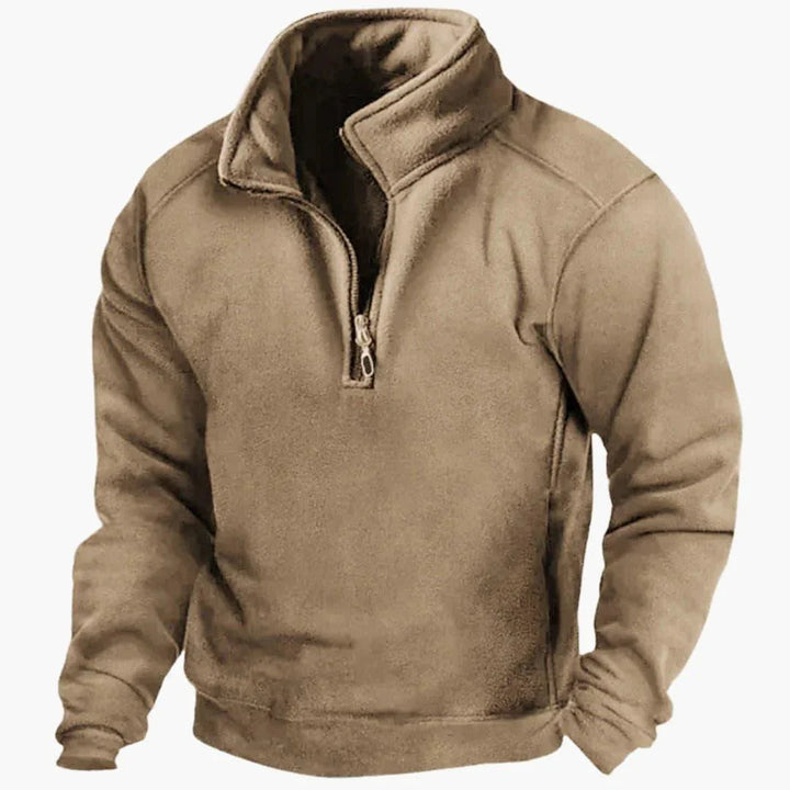 Mens quarter-zip fleece pullover jacket in winter wear style with stand collar