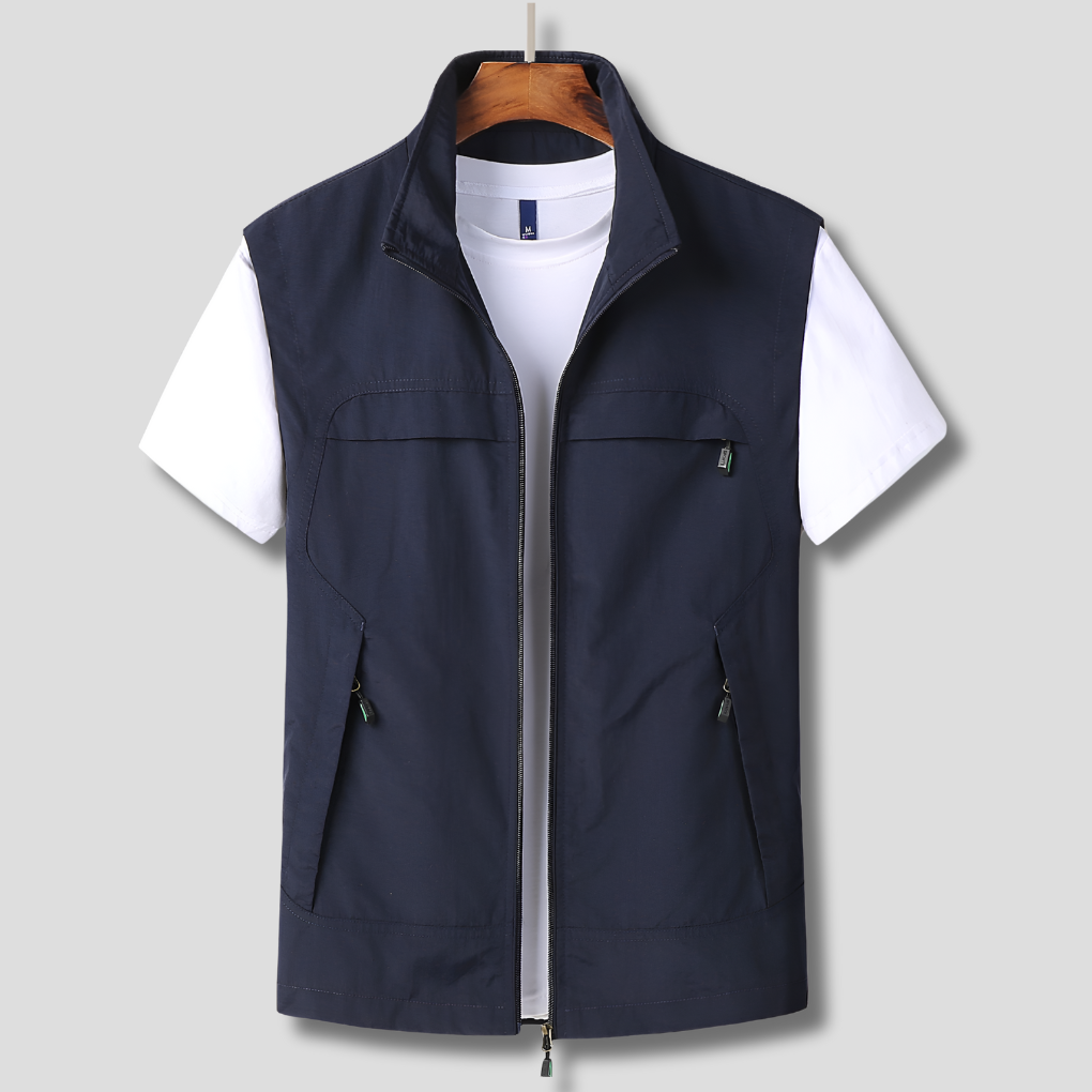 Men's navy quick-dry outdoor vest hanging on a wooden hanger