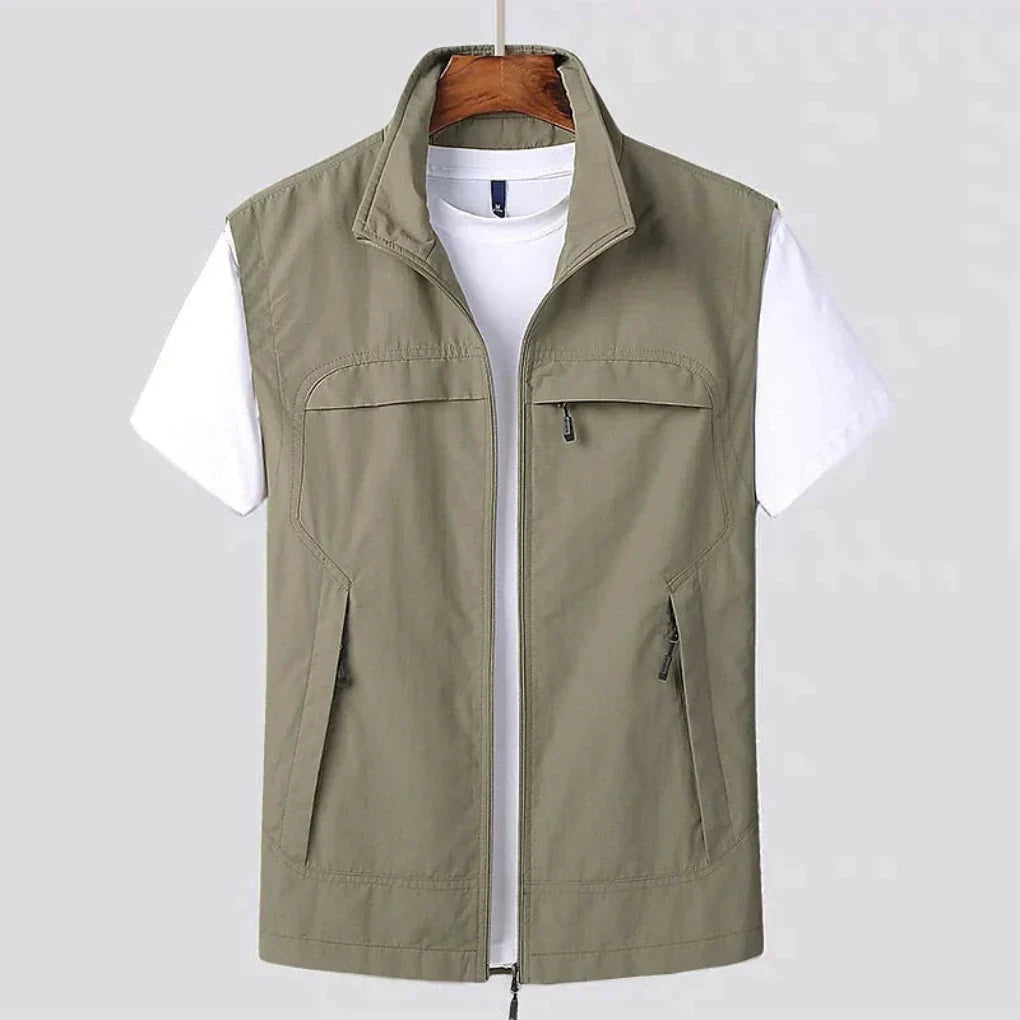 Back view of men's quick-dry outdoor hiking vest in utility style