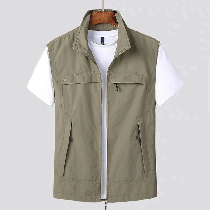 Back view of men's quick-dry outdoor hiking vest in utility style