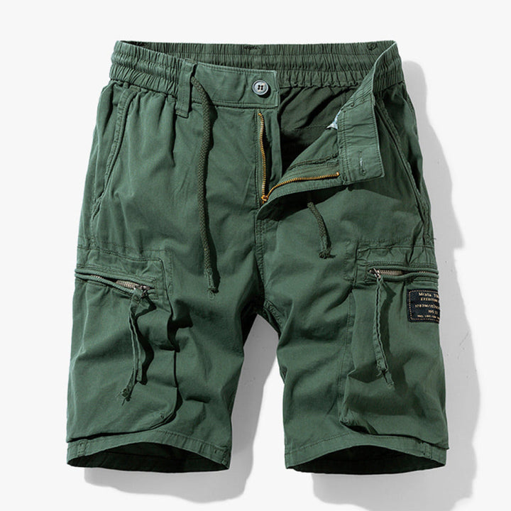 Army green men's outdoor cargo shorts with comfortable relaxed silhouette