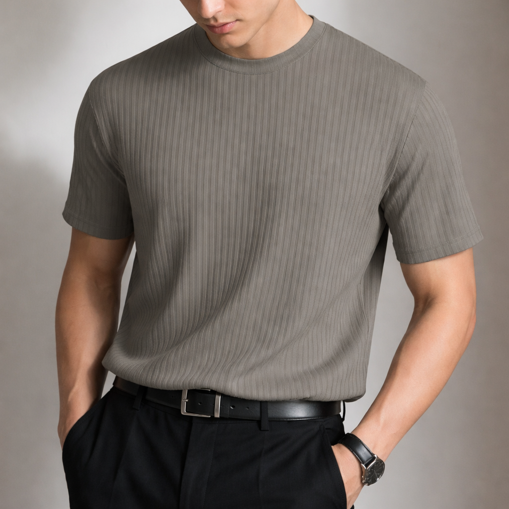 Man wearing a grey ribbed sculpted fit t-shirt with classic crew neckline.