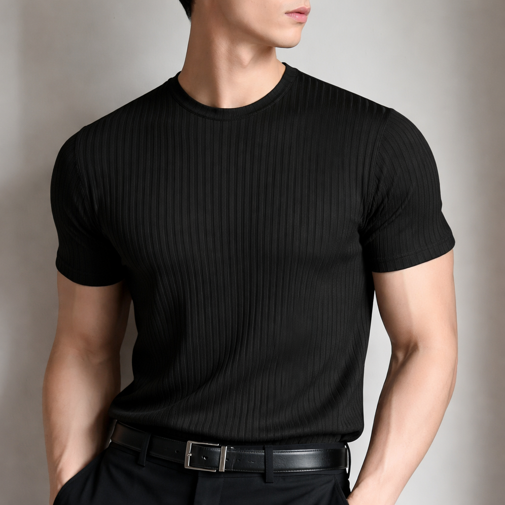 Man wearing a black ribbed sculpted fit t-shirt showing tailored shoulders and chest.