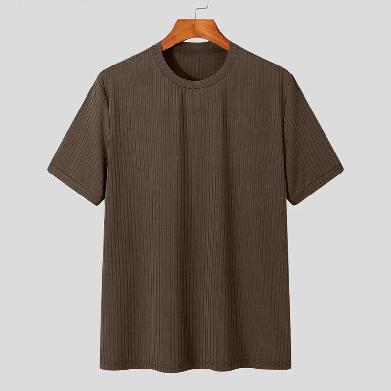 Detailed shot of neckline on men's crewneck ribbed tee