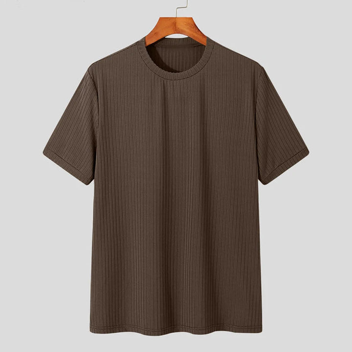 Detailed shot of neckline on men's crewneck ribbed tee