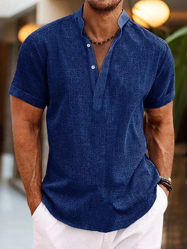 Close-up of button placket and collar on a men's summer henley top