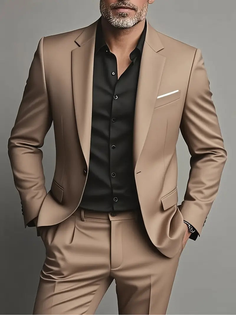 Man wearing a khaki slim fit two-piece suit with a black shirt