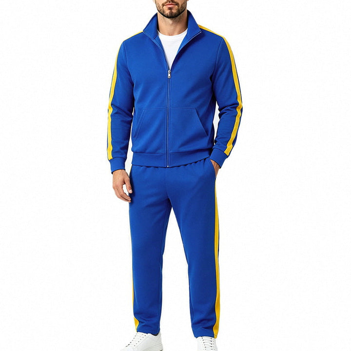 Casual streetwear mens jogging suit featuring modern color blocking