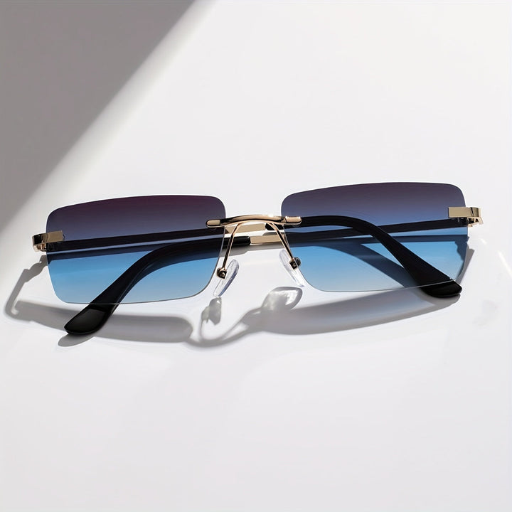 Durable designer style frameless sunglasses for men on a neutral background