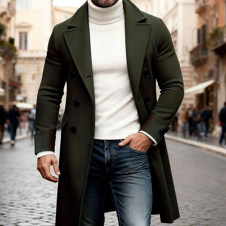 Full length shot of mens winter coat styled for formal occasions